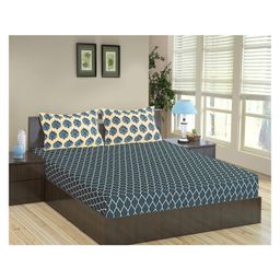Trance Home Linen Soft Pure Cotton Double King Flat Bedsheet with 2 Pillow Cover- Dori & Damask Blue-28