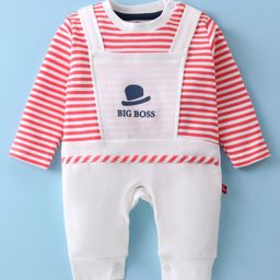 Mini Taurus Cotton Knit Full Sleeves Dungaree Style Romper With Stripes - Red-image-91