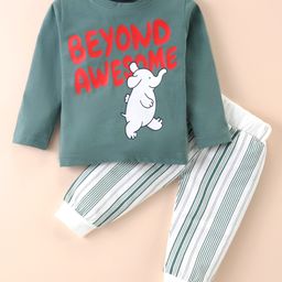 Mini Taurus Cotton Knit Full Sleeves Baby Elephant Printed T-Shirt & Striped Lounge Pants Set - Dark Green & White-image-91