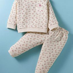 ToffyHouse Fleece Knit Full Sleeves Winter Wear T-Shirt & Lounge Pant Set With Floral Print - Cream-image-24