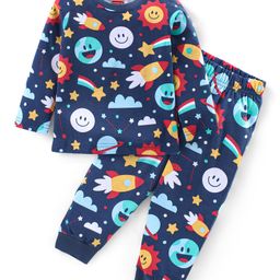 Babyhug Cotton Knit Full Sleeves Night Suit With Rockets Print - Blue-image-47
