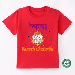 BLUSHES Ganesha Theme 100% Cotton Half Sleeve Ganesh Chaturthi Printed Tee-Red-image-3