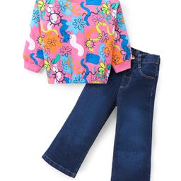 Babyhug Cotton Knit Full Sleeves Floral Printed Top & Denim Pants Set - Pink & Blue-image-92