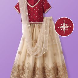 Pine Kids Woven Half Sleeves Foil Printed Choli Lehenga Set with Sequin Embroidery - Red-image-53