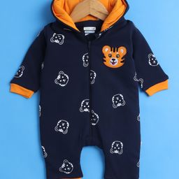 BUMZEE Cotton Full Sleeves Tiger Face Printed & Embroidered Hooded Zipper Romper - Navy Blue-image-89