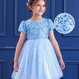 Mark & Mia Net Woven Half Sleeves Party Dress With Sequin Detailing - Light Blue-image-7