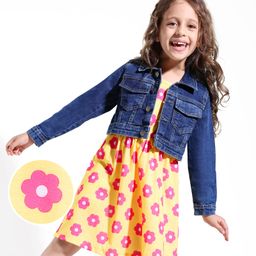 Hola Bonita Cotton Knit Full Sleeves Denim Jacket & Inner Dress with Floral Print - Blue & Yellow-image-79