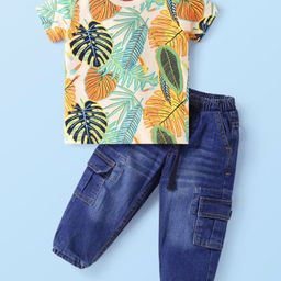 Babyhug Single Jersey Knit Half Sleeves T-Shirt & Denim Jeans Set With Leaf Print - White & Blue-image-40