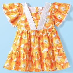 Babyhug Cotton Woven Half Frill Sleeves Frock with Floral Print - Orange-picture-22