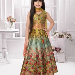 Tiny Kingdom Sleeveless Floral Printed & Stones Embellished Ombre Lehenga Choli With Dupatta Set - Green-image-63