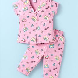 Smarty Girls Sinker Knit Half SleevesNight Suit With Retro Theme Print -Pink-image-61