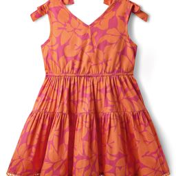 Kookie Kids Woven Sleeveless Bow Style Frock With Floral Print - Orange-image-85
