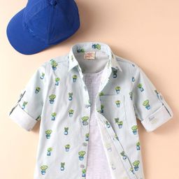 Rikidoos Full Sleeves Plants Printed Shirt With Attached Tee & Cap - Light Blue & Melange-image-84