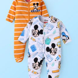 Babyhug Disney Interlock Knit Full Sleeves Footed Sleepsuits With Mickey Mouse Graphics Pack Of 2 - White & Mustard-picture-9