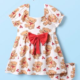Babyhug Single Jersey Knit Teddy Bear Print Frock With Bloomers & Headband - White-image-92