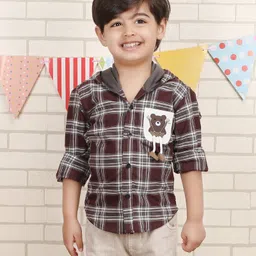 Polka Tots Cotton Full Sleeves Checked & Bear Patch Detailed Hooded Shirt - Brown-picture-7