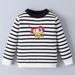 Mark & Mia Viscose Full Sleeves Striped Pullover Sweater With Cartoon Design - Black & White-image-60