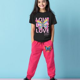 Trampoline Cotton Blend Half Sleeves Butterfly Printed Tee & Coordinating Track Pants Set - Black & Pink-image-51