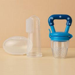 Badal Kidz Fruit Feeder Nibbler With Baby Silicone Finger Brush/Oral Brush/Baby Tounge Cleaner - Blue & White (Pack Of 2)-20