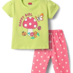 Babyhug Cotton Knit Half Sleeves Capri Night Suit With Floral Print - Green & Pink-image-72