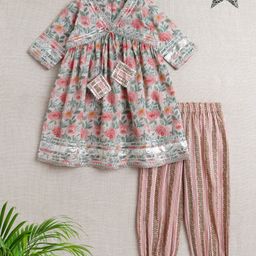The Magic Wand Three Fourth Sleeves Floral Printed Gota Lace Embellished Salwar Kurta Set - Peach-image-67
