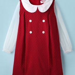 Kookie Kids Poplin Woven Peter Pan Collared Dress with Net Sleeves & Polka Dot - Red-image-41