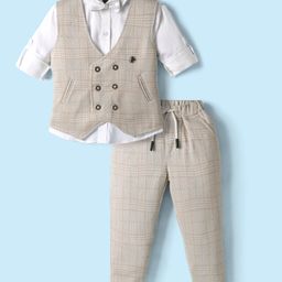 Dapper Dudes Full Sleeves Checked 3 Piece Party Suit With Bow & Cap Set - Fawn-picture-29