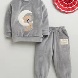 Bumzee Velvet Knit Full Sleeves Winter Wear T-shirt & Lounge Pant Set With Bear Embroidery - Grey-picture-20