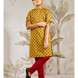 Vastramay Cotton Woven Full Sleeves Floral Printed & Gota Lace Embellished Kurta Pyjama Set - Mustard-picture-3