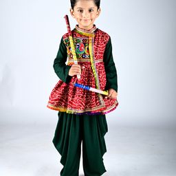 Aglare Cotton Woven Navratri Theme Full Sleeves Bandhani Designed Kedia Set - Red & Green-image-40