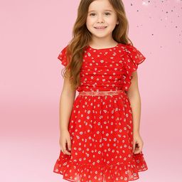 Cutecumber Georgette Woven Sleeveless Frill Detailed Lace Embellished Floral Printed Dress - Red-picture-3