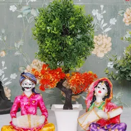 Aura White & Blue 3Pcs Rajasthani Figurine Showpiece With Artificial Plant-image-20