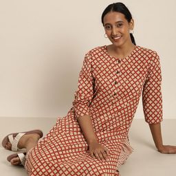 Taavi Women Maroon & Cream Block Print Legacy Printed Night suit With Pocket Detail-97