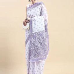 SHANVIKA White & Purple Cotton Printed Saree Without Blouse-image-99