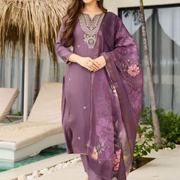 Navlik Floral Embroidered Notch Neck Straight Kurta With Trousers & Dupatta-image-18