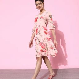 DODO & MOA Peach Floral Print Fit & Flare Dress-picture-14