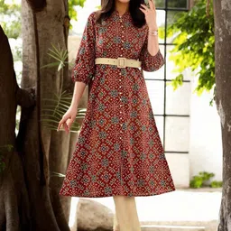 Anouk Geometric Printed Mandarin Collar Pure Cotton A-Line Kurta With Trousers-picture-27