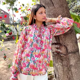 Stylecast X Hersheinbox Floral Print Tie-Up Neck Bishop Sleeves Top-image-56