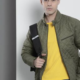 The Indian Garage Co Men Olive Stand Collar Green Quilted Jacket-image-1