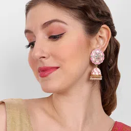 Manuvi Jewels Women Pink And White Pearls And Enamel Jhumka Earrings-10
