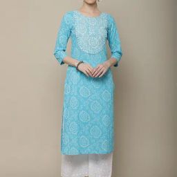 Vastramyaa Blue Cotton Embroidered Straight Kurta-image-2