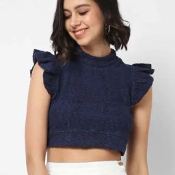VASTRADO Navy Cap Sleeves Crop Top-image-2