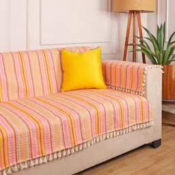 STITCHNEST Pink & White Geometric Woven Design Cotton 3 Seater Sofa Cover With Arms-image-11