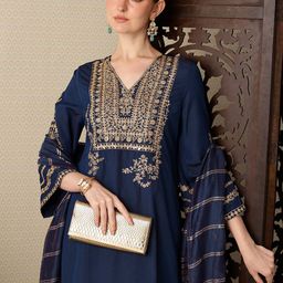 House of Pataudi Floral Embroidered Jashn Kurta with Palazzos & Dupatta-29