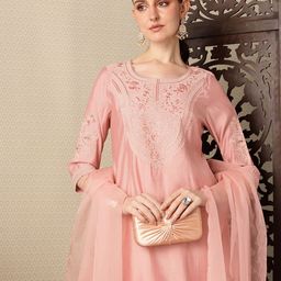 House of Pataudi Floral Embroidered Thread Work Jashn Kurti with Palazzos & Dupatta-28