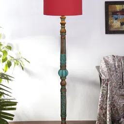 Devansh Orange Colored & Brown Cotton Drum Shade Wood Base Floor Lamps-15