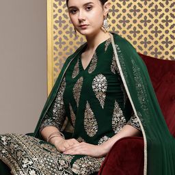 House of Pataudi Floral Embroidered Sequinned Regular Jashn Kurta with Trousers & Dupatta-12