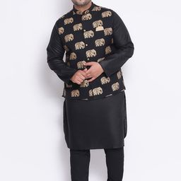 KISAH PLUS Men Black & Beige Solid Kurta with Pyjamas-29