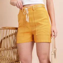 Mast & Harbour Women Mid-Rise Pure Cotton Shorts with Belt-image-32