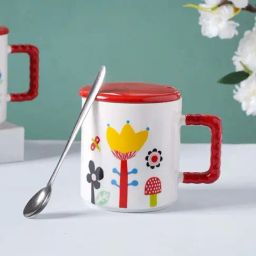 Nestasia Yellow Flower Printed White & Red Ceramic Mug with Lid & Spoon, Set of 1, 360ml-picture-8